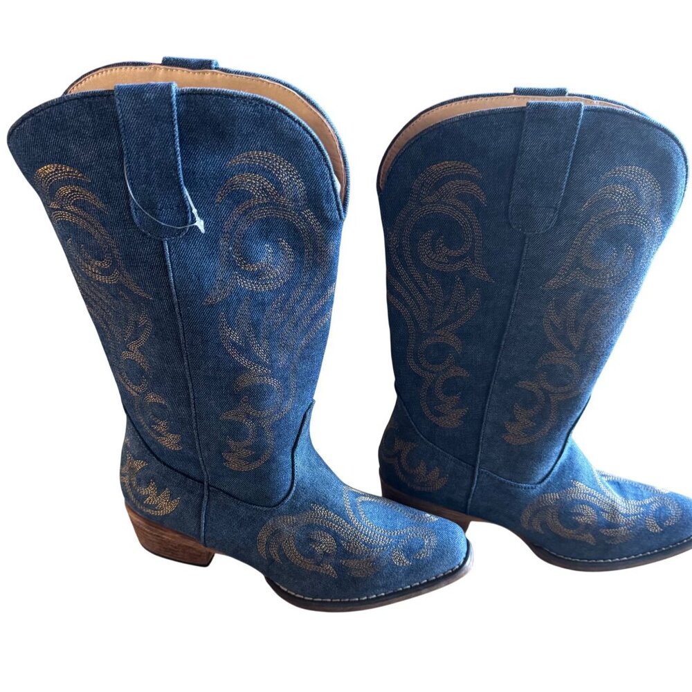 Roper Denim Embroidered Western Cowboy Boots Women’s Size 9 Blue Gold Stitch New - Picture 3 of 14